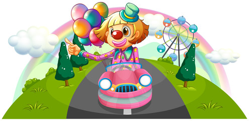 A pink car with a female clown