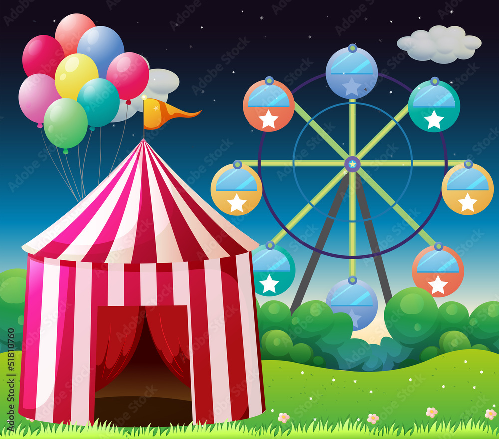 Poster a red circus tent with balloons