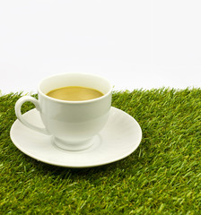 Isolated fresh coffee with milk in cup on the artificial grass