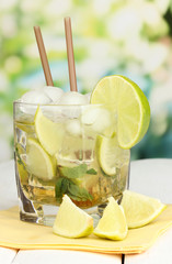 Glass of cocktail with lime and mint