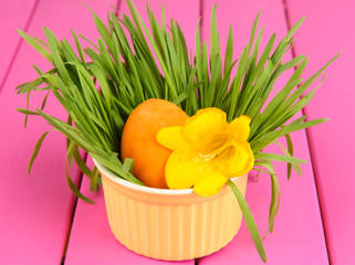 Easter egg in bowl with grass on pink wooden table close up