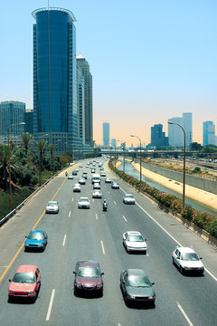 Cars passing on Ayalon freeway in Tel Aviv, Israel.