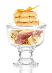 Sweet cookies tied with colorful ribbons isolated on white