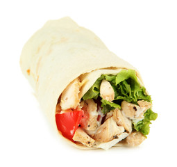 Kebab - grilled meat and vegetables, isolated on white