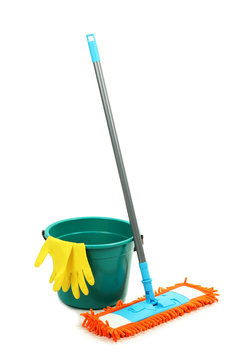 Bucket and mop on a white background. Cleaning. Vector