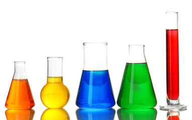 Test tubes with colorful liquids isolated on white