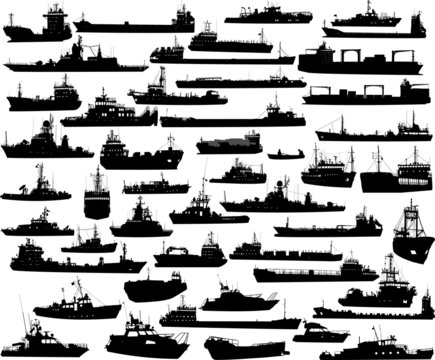 Set of 48 silhouettes of sea yachts, towboat and the ships