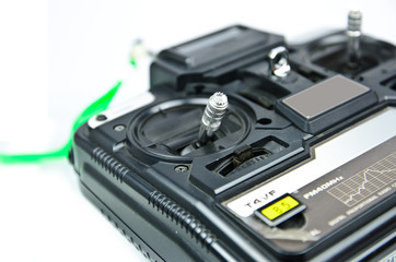 Remote control for helicopters and airplanes isolated on white