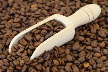 Fototapeta premium Coffee beans on wooden scoop, close up