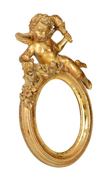 Oval baroque gold frame with cupid isolated with clipping path.