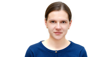 Close up of attractive young woman on white background