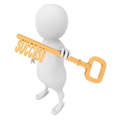 white 3d man holding a golden key of success