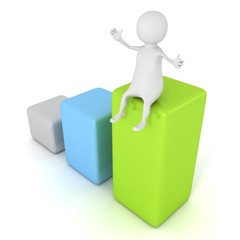 3d man happy sitting on colorful business bar graph