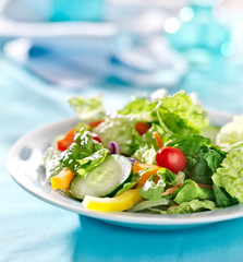 garden salad with fresh vegetables with copy space composition