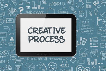 Digital tablet on brainstorming process background