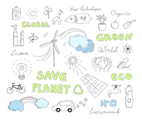 Ecology doodles vector elements set