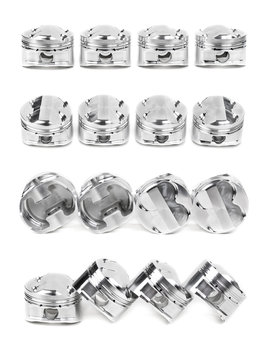 Collage of a set of four polished chrome forged pistons