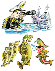 Funny cartoon military fishes in navy uniform