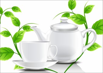 Белый чайник и чашка с листьями мяты