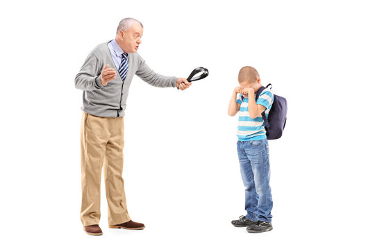 Angry grandfather holding a belt and threatening on his nephew
