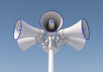 3d render of 6 loudspeakers on a pole.
