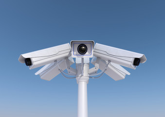 3d render of 6 security cameras on a pole close up.