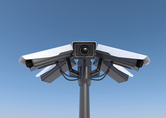 3d render of 6 security cameras on a pole.