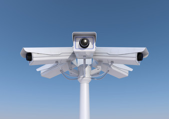 Naklejka na ściany i meble 3d render of 6 security cameras on a pole close up.