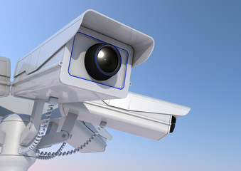 3d render of 6 security cameras on a pole close up.