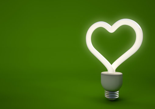 3d render of a heart shaped energy saving light bulb.
