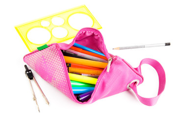 Pink pencil-case on white background