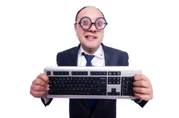 Nerd businessman with computer keyboard on white