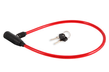 Lock for bicycles and motorcycles, steel cable in red plastic.