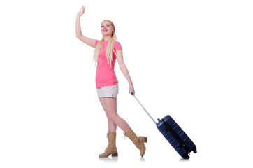 Young woman ready for summer vacation on white