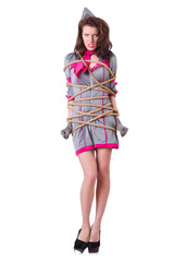Female stewardess tied with rope