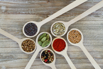Selection of spices on wooden spoons