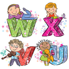 Fototapeta na wymiar Funny alphabet with kids VWXU