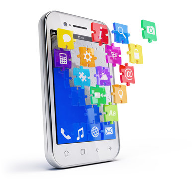 Smartphone with cloud of puzzle application icons