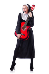 Fototapeta premium Nun playing guitar isolated on white