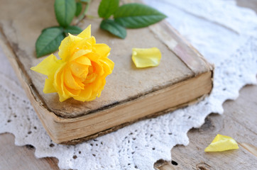 Fototapeta na wymiar Yellow rose laying upon vintage book on lace doily