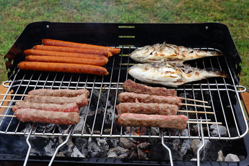 meat and fish on grill