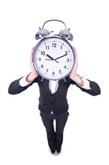 Funny woman with clock on white