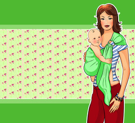 Young mother with her child on a flower background