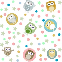 Fotobehang Bright background with owls, stars and circles. Seamless pattern © fotoscool