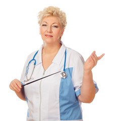 senior women with stethoscope and pointer