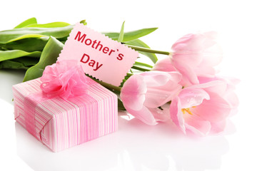 Beautiful bouquet of pink tulips and gift for Mother's Day,