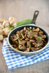 Pfännchen mit Pilzen und Lauchzwiebeln