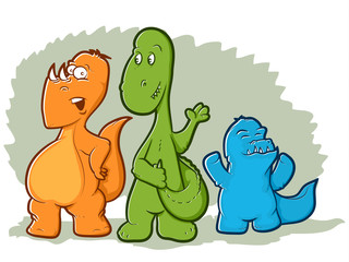 Cute illustration of three colorful dinosaur monsters