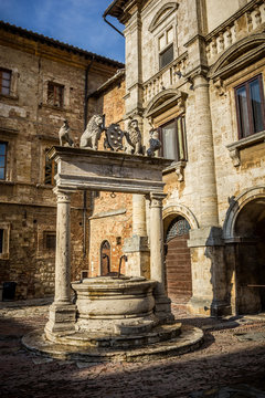 Ancient well on Piazza Grande square in Montepulciano, Tuscany