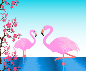 Fototapeta premium Two flamingos in the pond, postcard, invitation